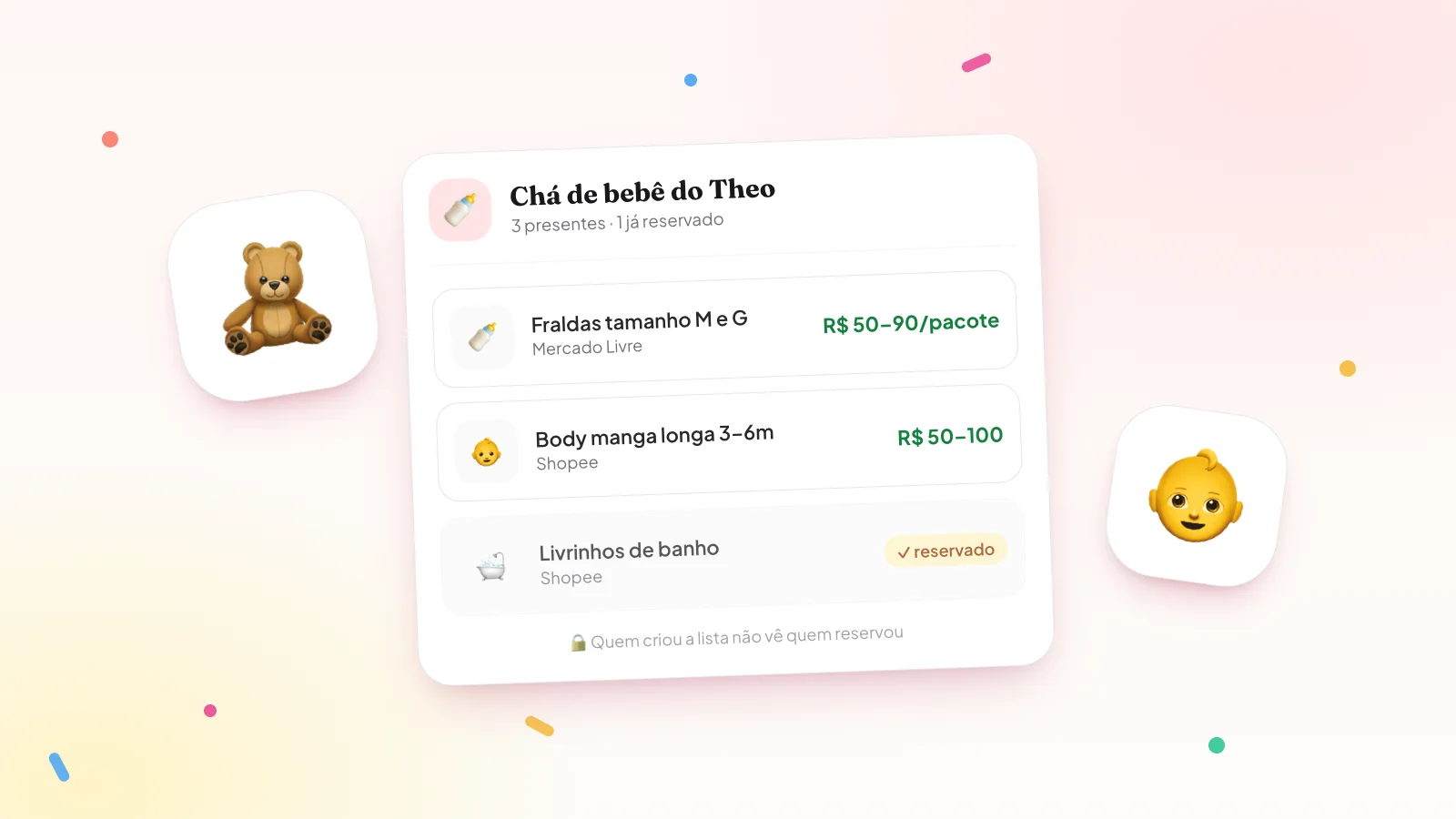 Exemplo de lista de chá de bebê no Presentaí com fraldas M e G, body de manga longa e livrinhos de banho já reservados