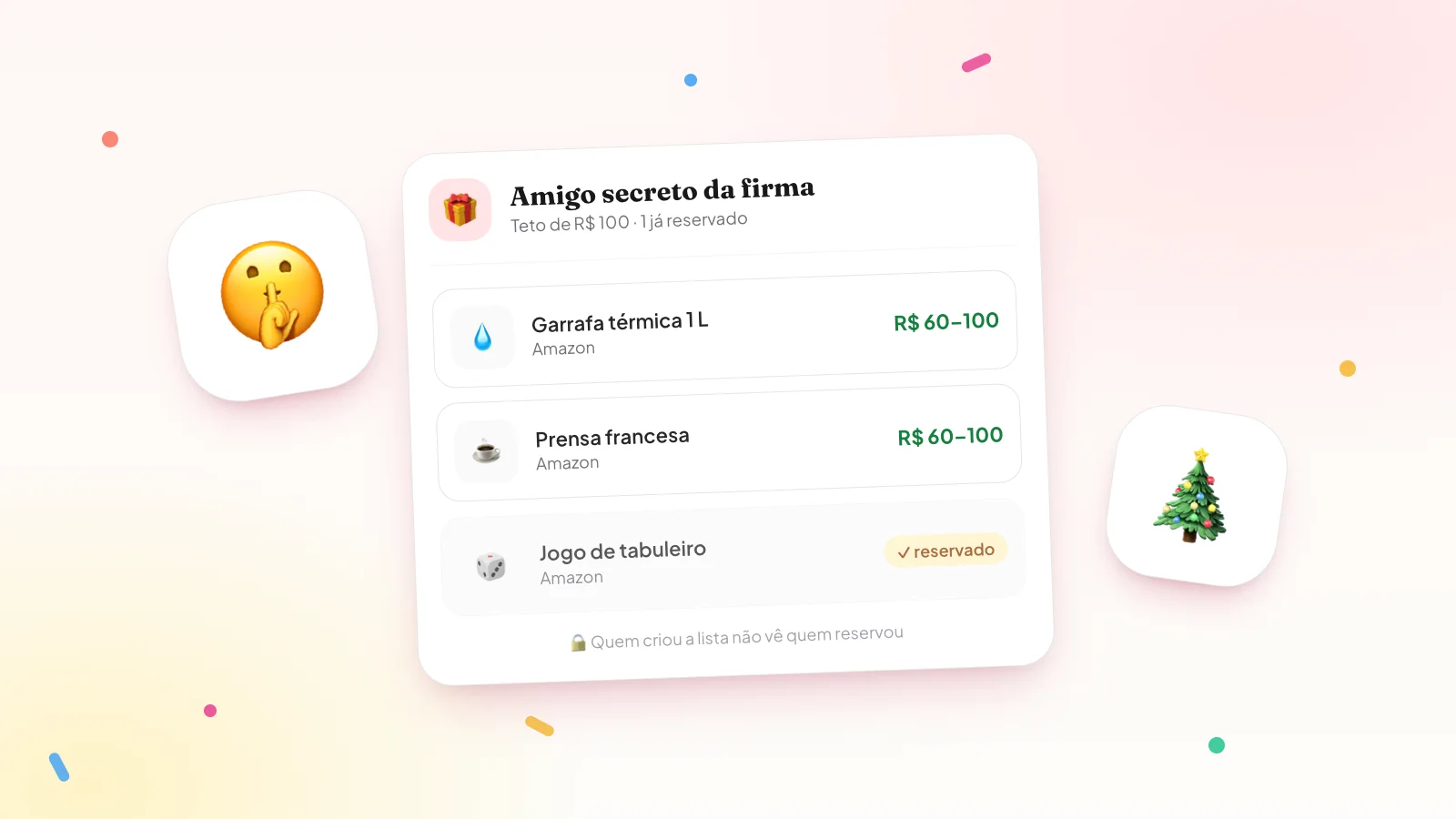 Exemplo de lista no Presentaí para o amigo secreto da firma, com teto de R$ 100: garrafa térmica, prensa francesa e jogo de tabuleiro já reservado