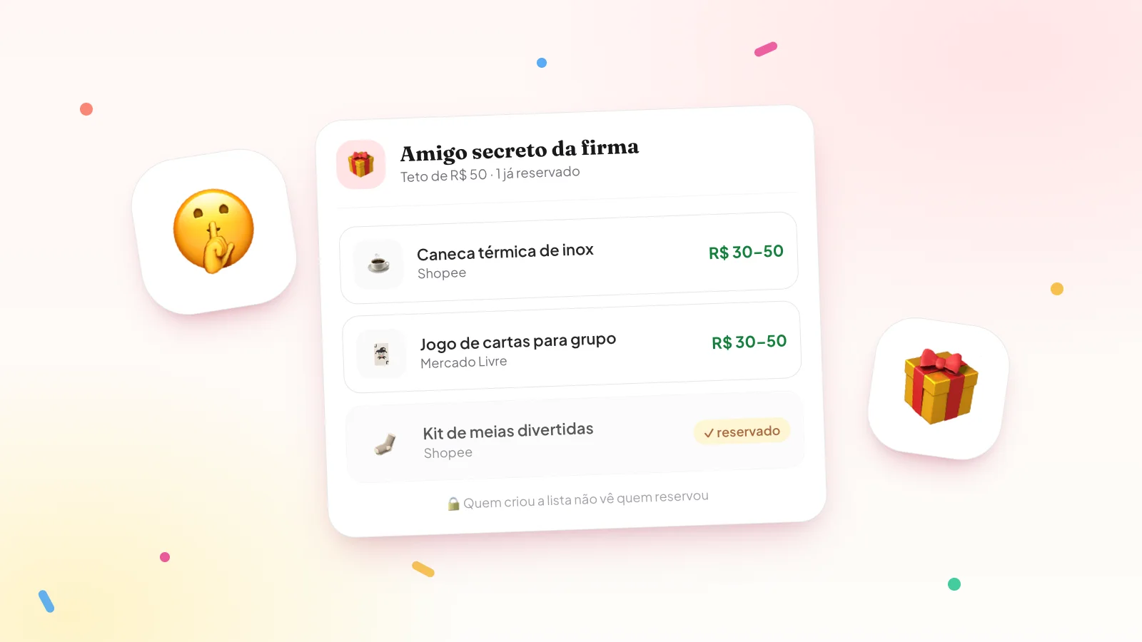 Exemplo de lista no Presentaí para o amigo secreto da firma, com teto de R$ 50: caneca térmica, jogo de cartas e kit de meias já reservado