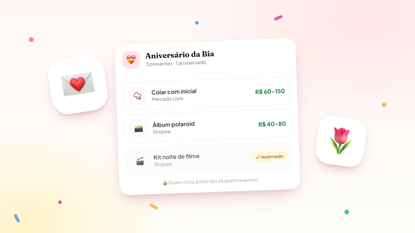 Exemplo de lista de aniversário no Presentaí com colar de inicial, álbum polaroid e kit noite de filme já reservado
