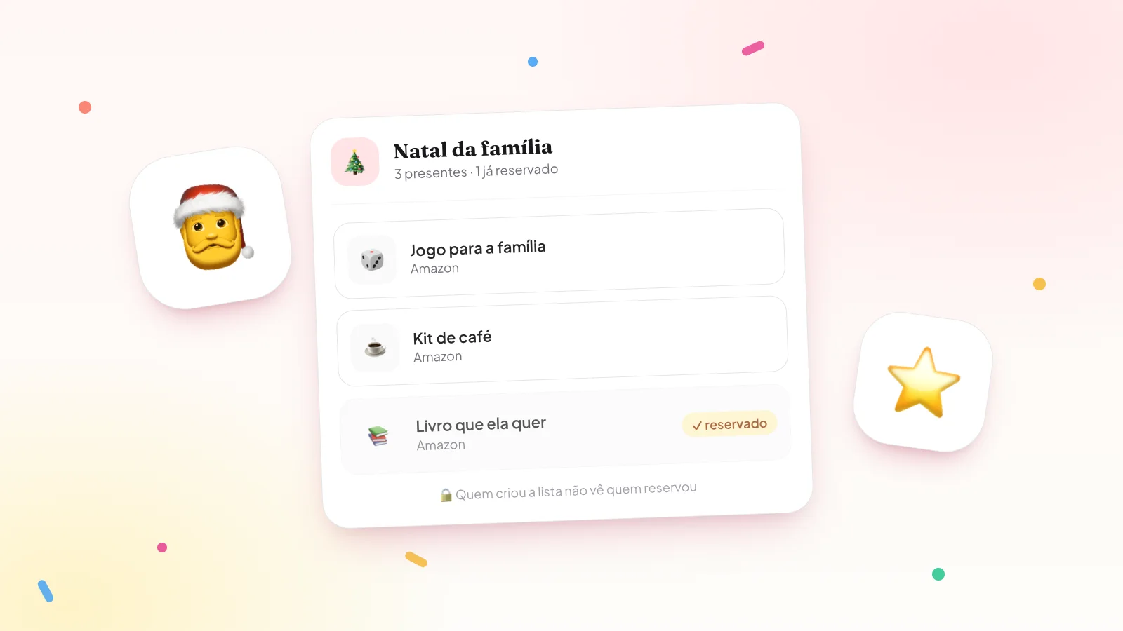 Exemplo de lista de Natal da família no Presentaí com jogo de tabuleiro, kit de café e livro já reservado