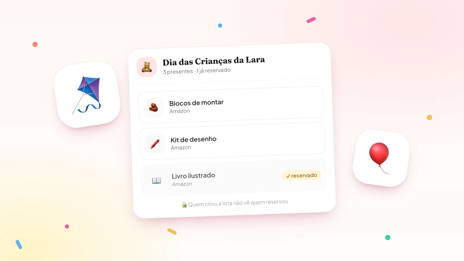 Exemplo de lista de Dia das Crianças no Presentaí com blocos de montar, kit de desenho e livro ilustrado já reservado
