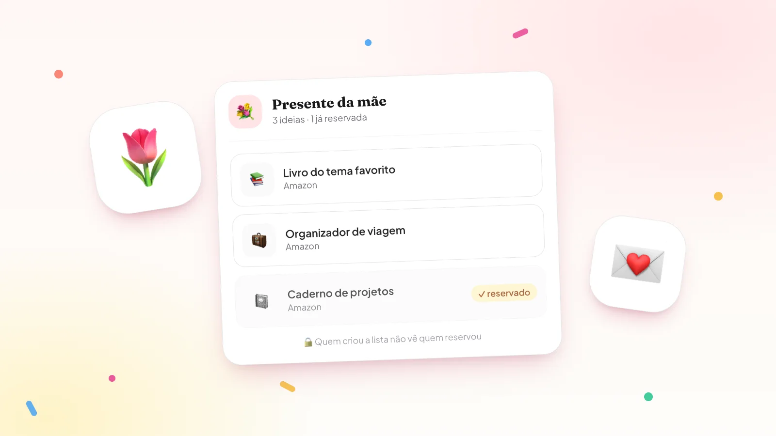Exemplo de lista de presente de Dia das Mães no Presentaí com livro, organizador de viagem e caderno já reservado