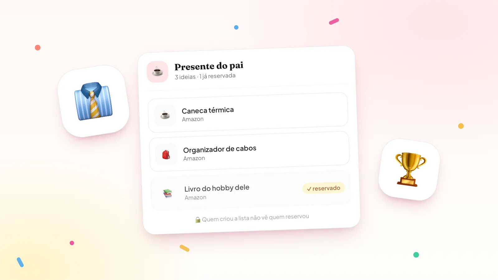 Exemplo de lista de presente de Dia dos Pais no Presentaí com caneca térmica, organizador de cabos e livro já reservado